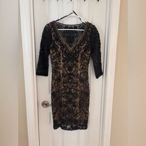 Sue Wong Black and Tan Lace Dress